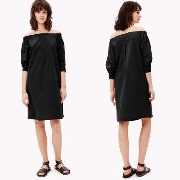 Theory Cotton Poplin Off Shoulder Black Dress - Picture 2 of 14